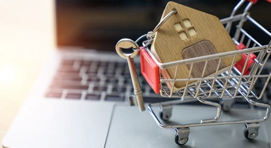 Key with house keychain in a shopping cart