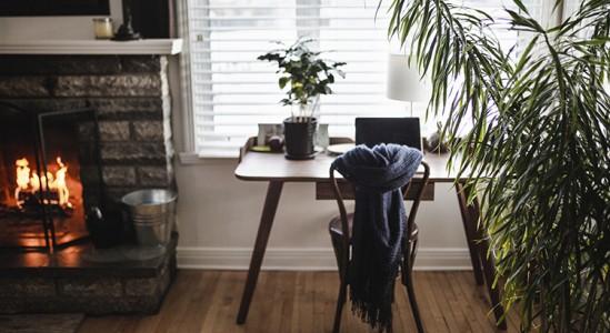Fireplace and study area