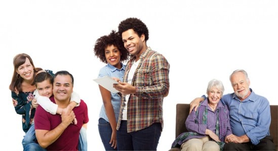 Family, young couple, senior couple
