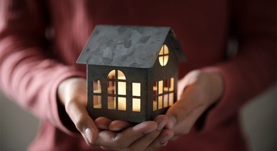 Hands holding toy model house