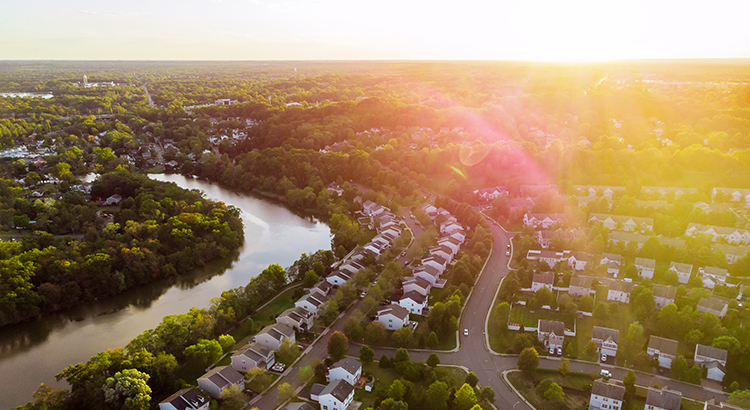 Aerial view of residential quarters at early sunrise. Beautiful Town Urban landscape at dawn