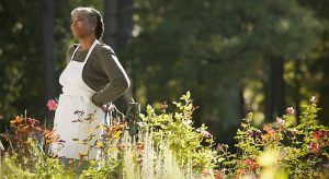 Mixed race woman wearing apron in field