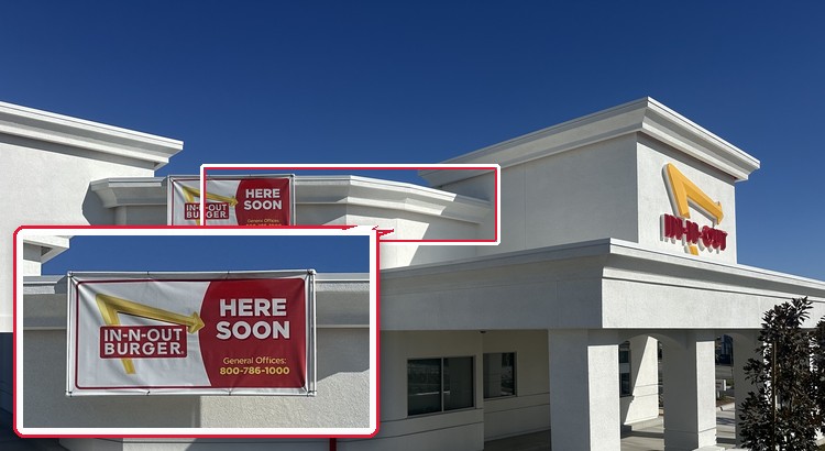 In-N-Out under construction at The Canopy, Great Park, Irvine, with a HERE SOON banner